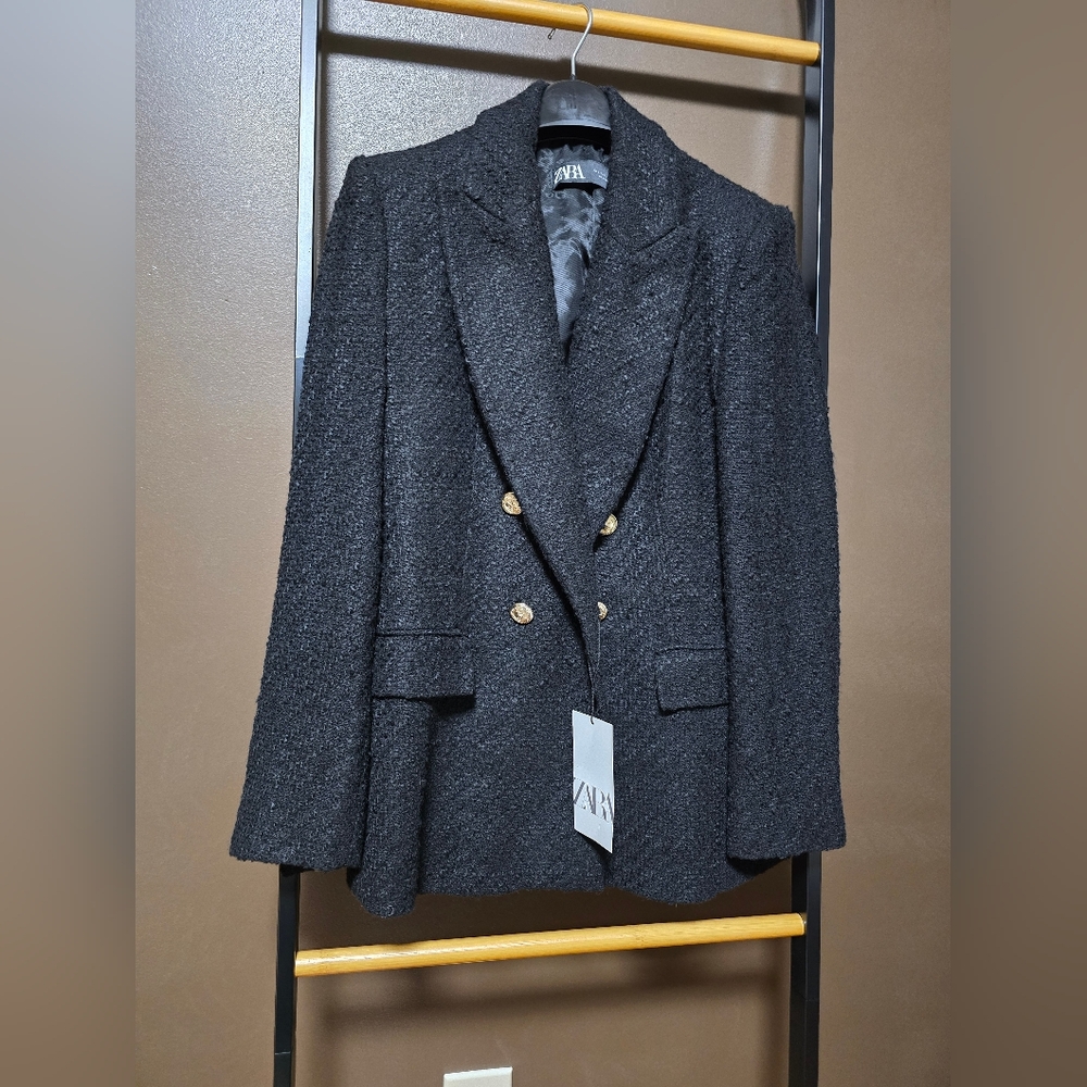 Zara Women's Textured Black Blazer with Gold Buttons